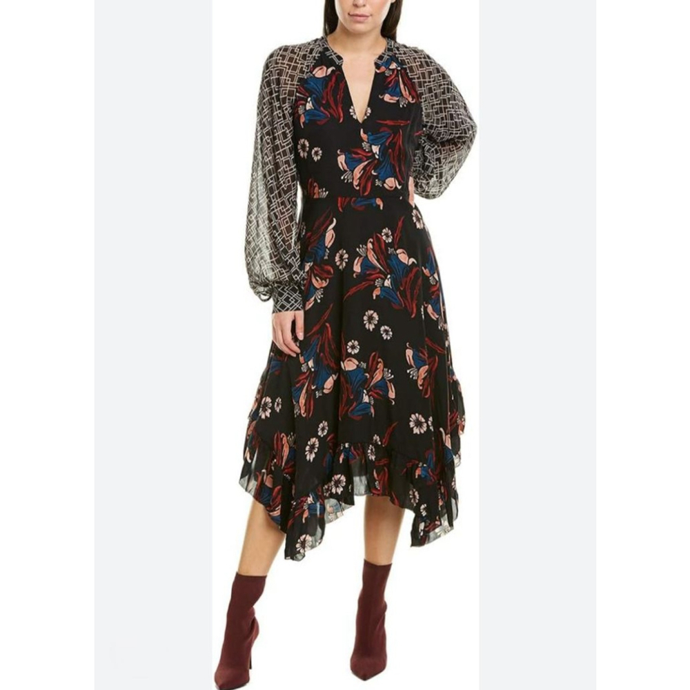 JOIE Morley Black Floral Long‎ Sleeve Asymmetrical Silk Midi Dress 8
